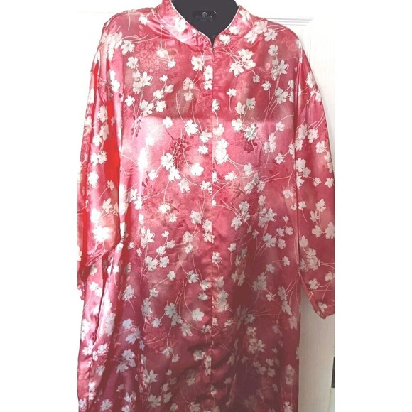 Valerie Stevens Robe Kaftan Size Medium Long Pink Floral Front Zipper Kimono - Picture 6 of 8
